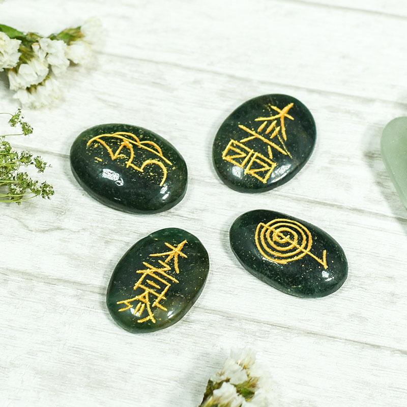 Green Aventurine Reiki Symbol Engraved Stone Sets