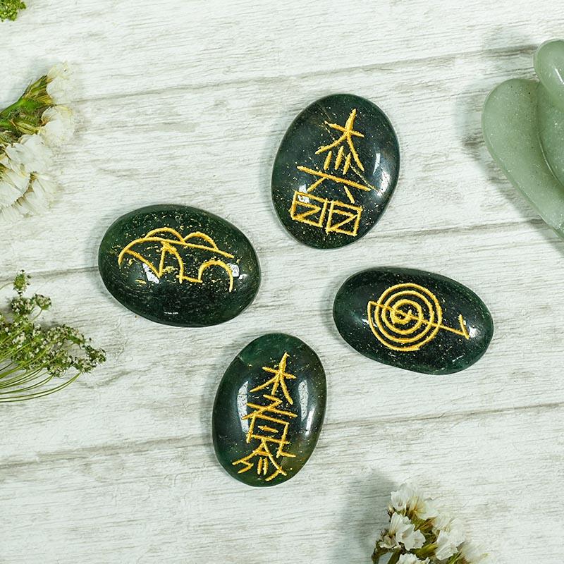 Green Aventurine Reiki Symbol Engraved Stone Sets