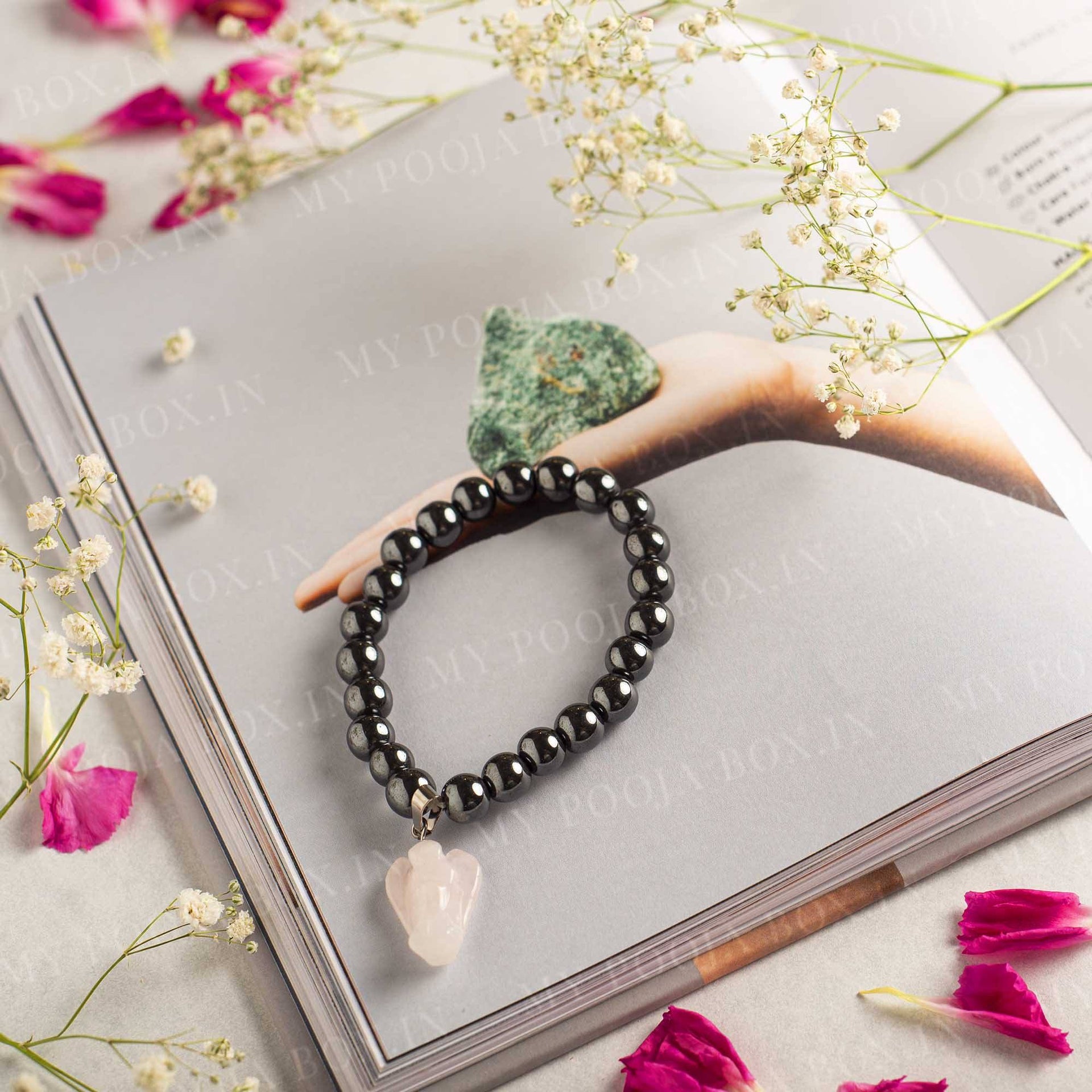 Hematite Bracelet with Rose Quartz Angel Charm