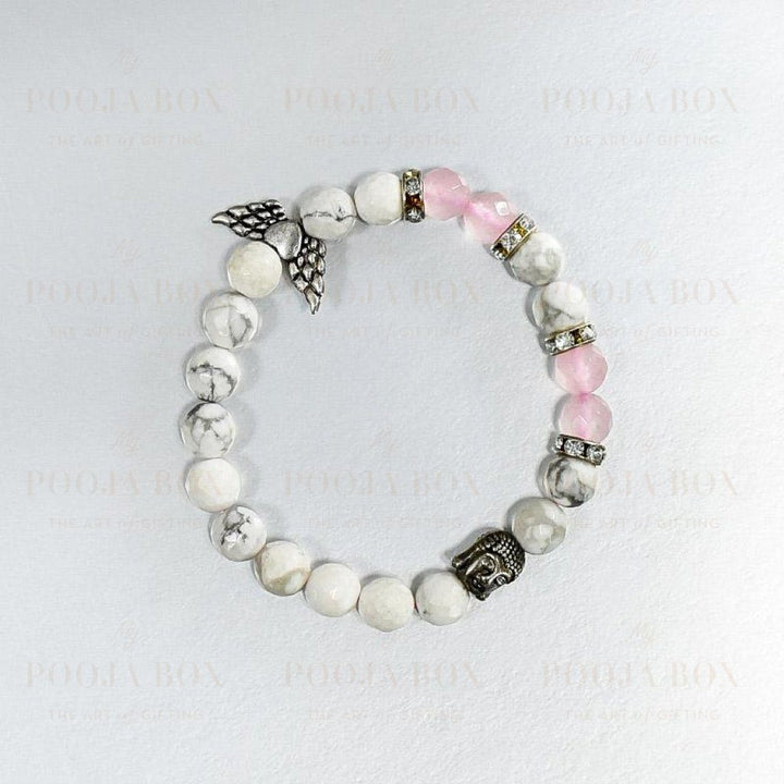 Howlite & Rose Quartz Bracelet With Buddha And Angel Wings