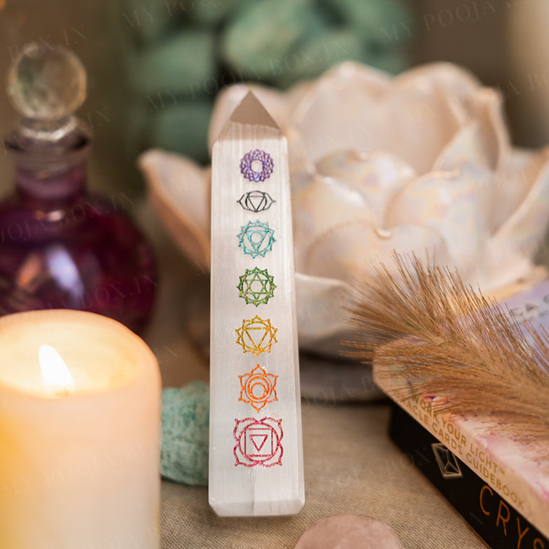 Selenite Seven Chakra Tower