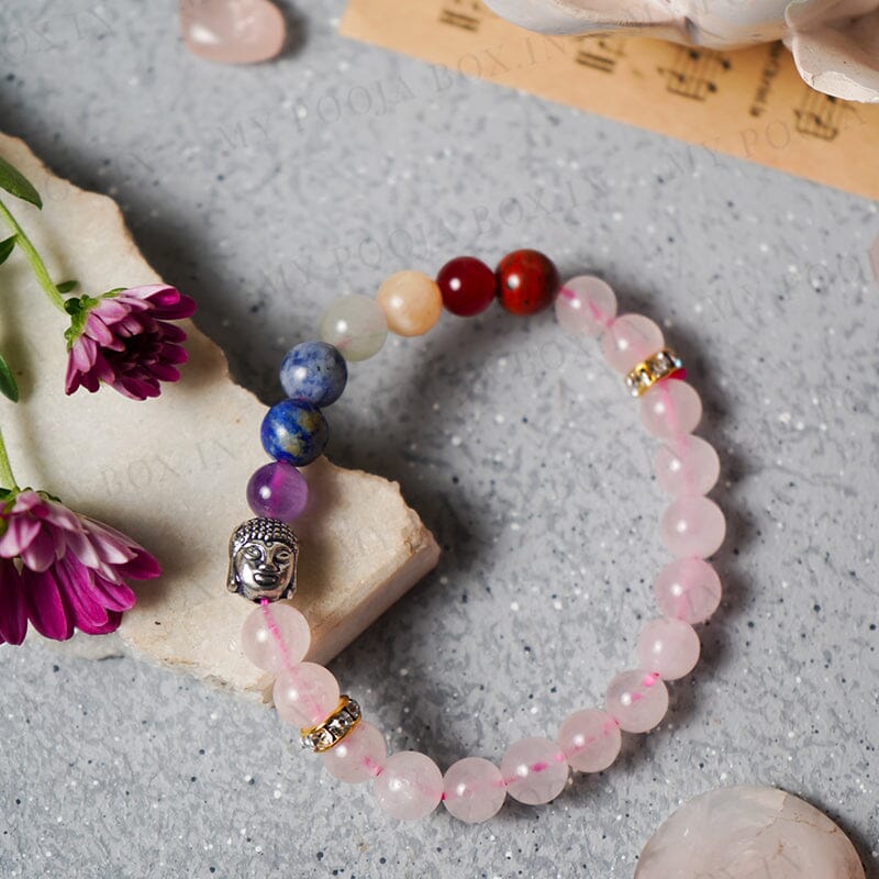 Rose Quartz & 7 Chakra Bracelet with Buddha Head Charm