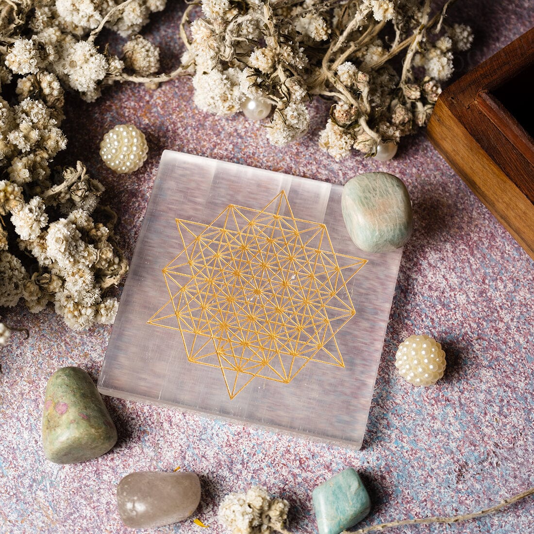 Selenite Charging Plate - Hexagon Meta-trons Cube with Flower of life motif