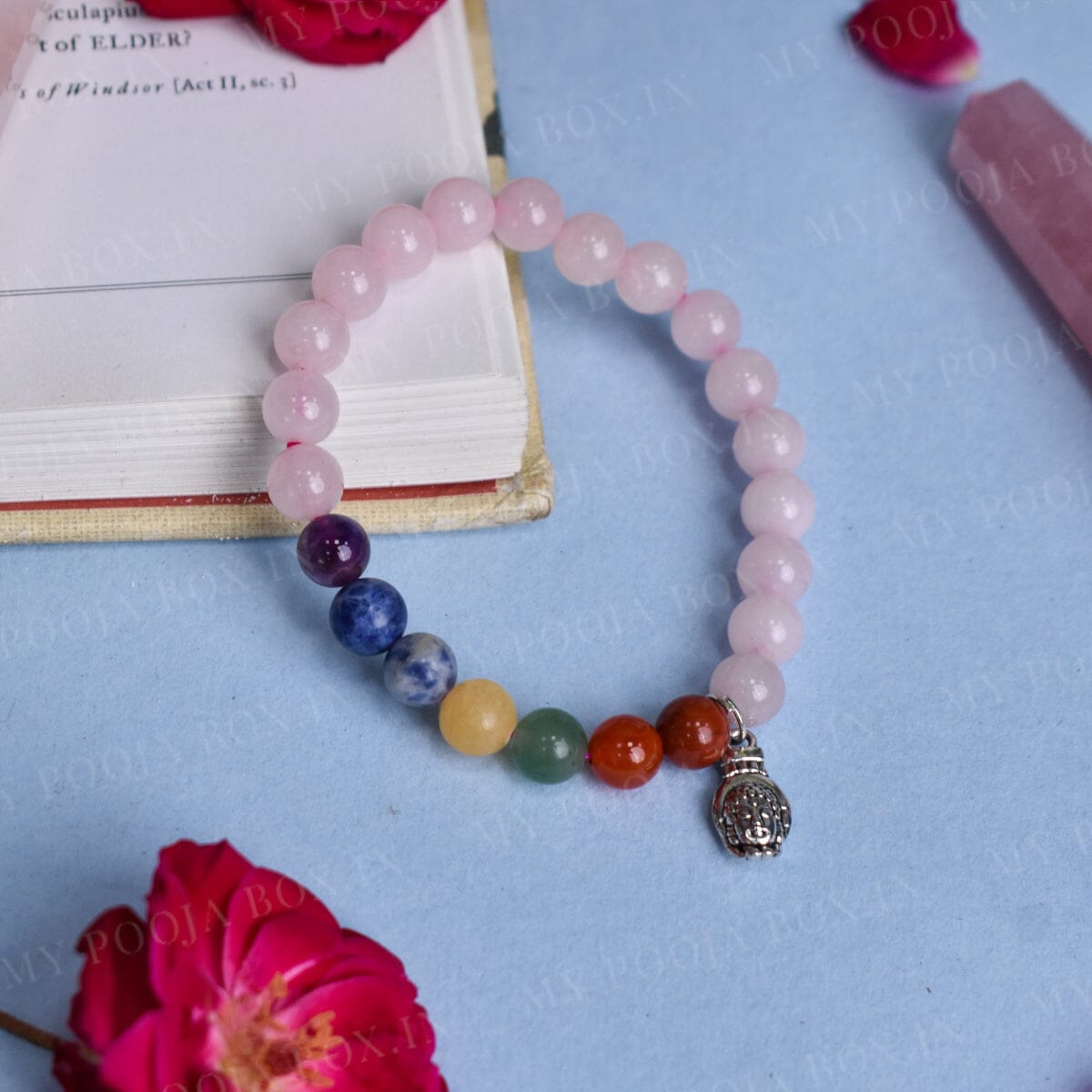 Rose Quartz and 7 Chakra Bracelet with Hamsa Charm