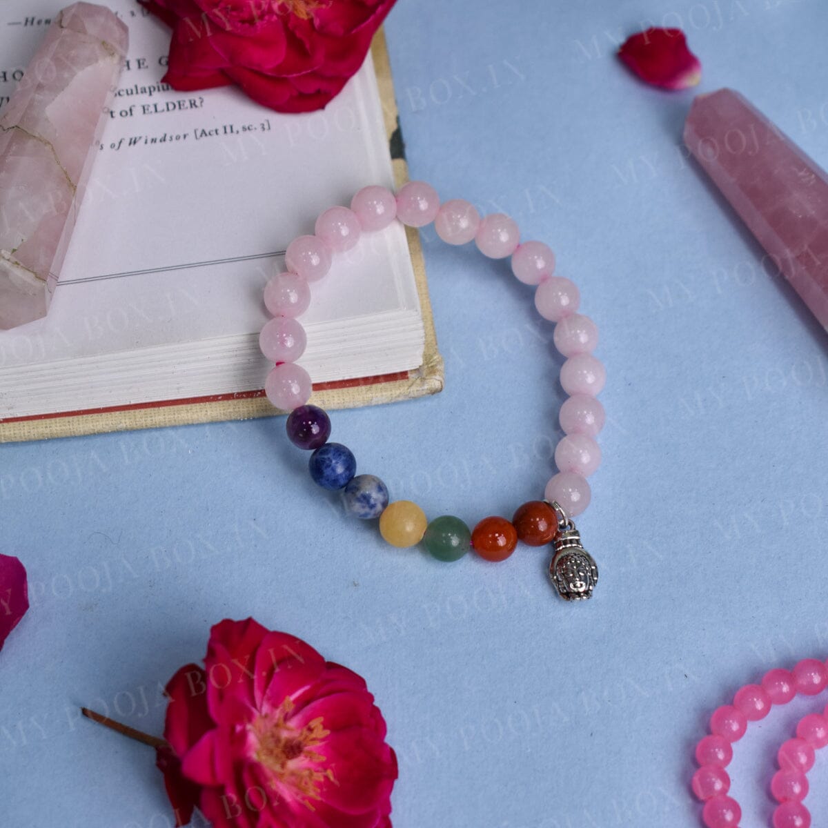 Rose Quartz and 7 Chakra Bracelet with Hamsa Charm