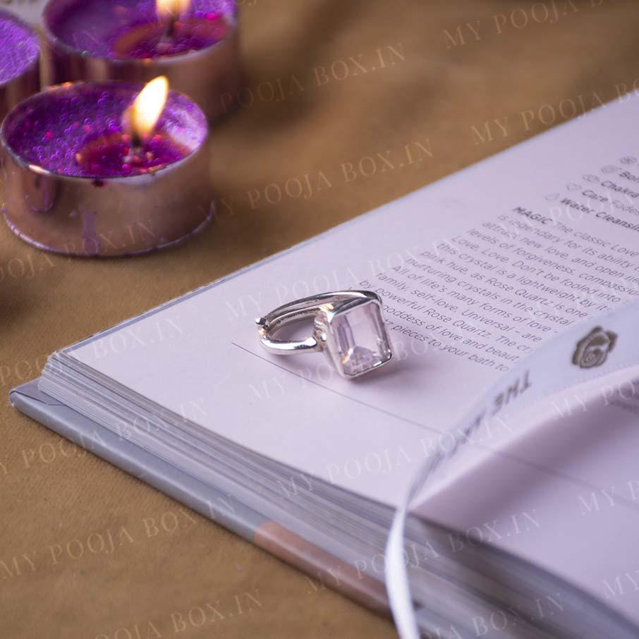 Rose Quartz Silver Square Adjustable Crystal Ring