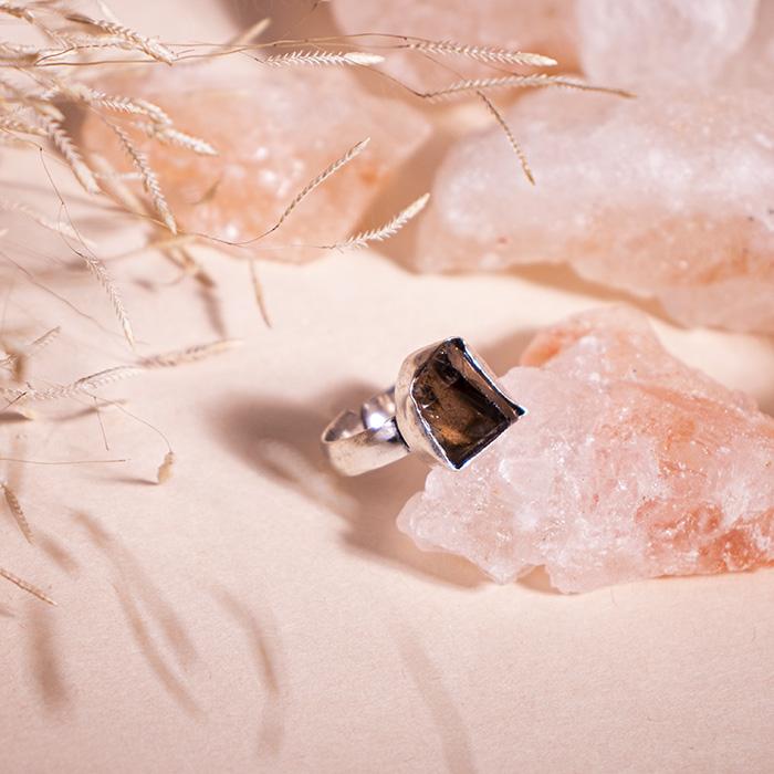 Smoky Quartz German Silver Adjustable Ring